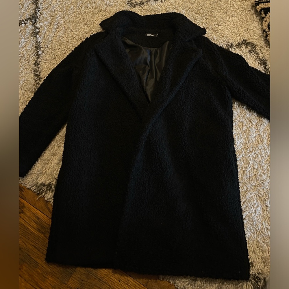 Boohoo black teddy midi coat